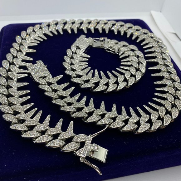 25mm Diamond Iced Out Two Row Spiked Chain Necklace - Bracelet Set - Picture 2 of 4